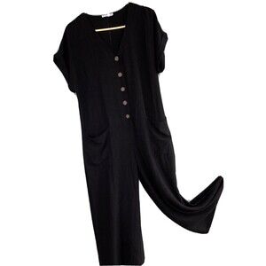 Miou Muse Artsy Linen-Blend Jumpsuit Womens Large/Med Black Wide Leg One Piece